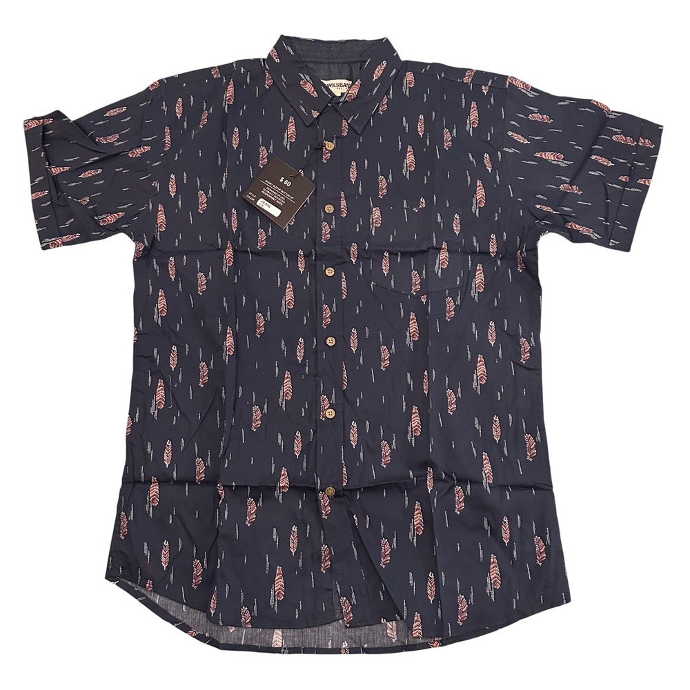 Hawksbay Button Up Mens L Navy Blue Feather Print Short Sleeve Shirt HB-8/22 215